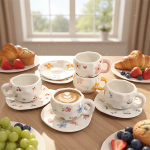 Factory Direct Cute Fairy Design Korean Style Hand-Painted Flower Bow Ceramic Cup and Saucer Tea <b>Coffee</b> Cup <b>Set</b> - Product Image 1