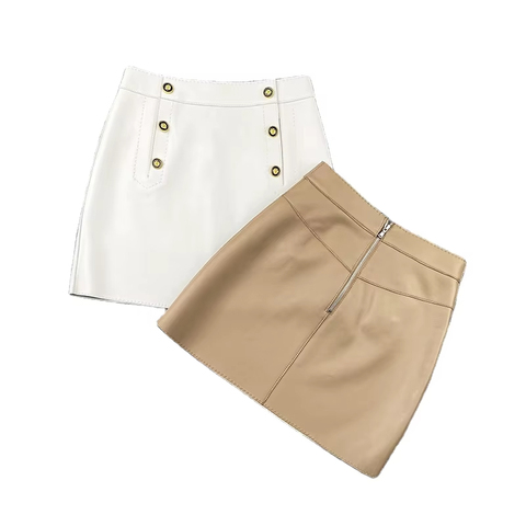 2355 Popular Custom Double Row Metal Button Buttonhole Short Sheepskin Skirt Women's Wide Loose Hem Leather Mini Skirt