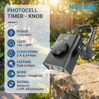 Minuteur numérique extérieur standard US avec capteur photocellule 15A 1875W certifié ETL FCC, du crépuscule à l'aube pour guirlandes lumineuses de patio
