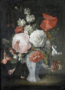 Hand gefertigtes Blumenöl-Meisterwerk: Pfingstrosen in weißer Vase mit loser Bürste, warme Töne für gemütliches Wohn ambiente - Product Image 2