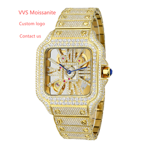 Montre-bracelet de luxe pour homme en acier inoxydable, étanche, à mouvement quartz suisse, entièrement sertie de moissanite carrée motif squelette - Product Image 1
