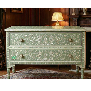 Commode à deux tiroirs en os vert incrusté, meuble de chambre traditionnel fait main, armoire de rangement en bois antique - Product Image 1