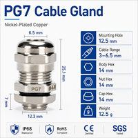 Presse-étoupe en laiton nickelé PG7, étanche IP68, pour câbles de 3-6,5 mm, certifié CE SGS RoHS, accessoire de câblage pour armoire électrique