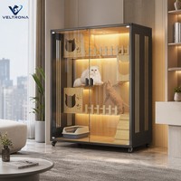 Vila para Gatos de Madeira com Vários Níveis, Portas Deslizantes de Vidro, Iluminação LED, Recortes em Formato de Cabeça de Gato e Caixa de Areia para Gatos de Interior