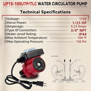 Pompe de circulation d'eau Newnine 115V 1/25 HP 3/4x1/2 NPT Raccord réducteur en fonte - Product Image 3