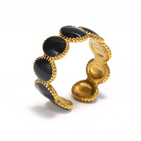 Bague ajustable ouverte en émail noir festonné plaqué or, bijou de doigt élégant et tendance en acier inoxydable pour femme