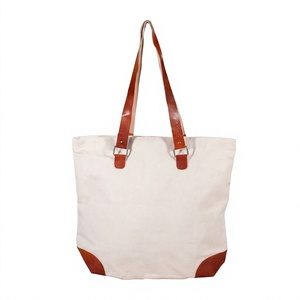 Sac fourre-tout en toile avec poignées et coins en cuir, grande taille, sac de courses quotidien, fabriqué au Bangladesh - Product Image 1