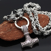 Collier Viking Homme Vintage Tête de Loup Pendentif Marteau de Thor Mjolnir Bijoux Nordiques Chaîne Empereur en Acier Inoxydable