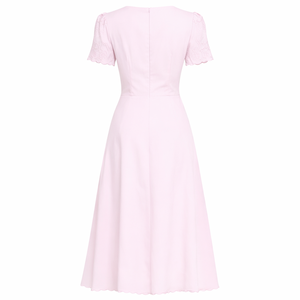 Robe midi personnalisée pour <span class=keywords><strong>femme</strong></span> en mélange lin-coton rose, col en V, manches courtes bouffantes, dentelle 3D, robe de invitée de <span class=keywords><strong>mariage</strong></span>, vêtements pour <span class=keywords><strong>femme</strong></span> - Product Image 2
