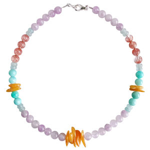 스포듀민 쿤자이트, 루틸쿼츠, 아마조나이트, 앰버, 밀키 블루 아쿠아마린 멀티 스톤 비즈 패션 목걸이 - Product Image 1