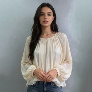 OUDINA <span class=keywords><strong>Blusa</strong></span> Elegante alla Moda, Casual, a Maniche Lunghe, Collo Tondo, Plissettata, con Strass, <span class=keywords><strong>Taglie</strong></span> Grandi per <span class=keywords><strong>Donna</strong></span> - Product Image 4