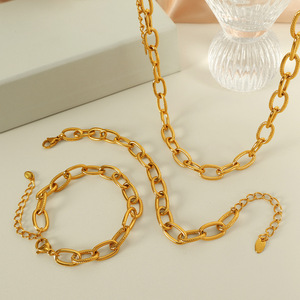 European American Style Gold Plated Oval Chain Necklace <b>Bracelet</b> <b>Set</b> For Everyday Wear Unisex Fashion Jewelry - Product Image 1