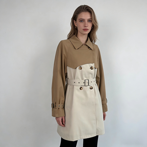 Manteau <span class=keywords><strong>trench</strong></span> pour <span class=keywords><strong>femme</strong></span> en <span class=keywords><strong>beige</strong></span> contrastant, couleur kaki, coupe <span class=keywords><strong>mi</strong></span>-longue personnalisée avec ceinture - Product Image 2