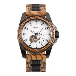 新款流行男士自动木制手表100% 天然木手工机械男士骷髅自动手表