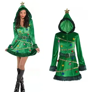 Halloween Carnaval Árvore de Natal Cosplay Traje Para As Mulheres Adulto Com Capuz Mangas Compridas Papai Noel Mini Vestido Xmas Party Stage