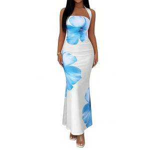 ชุดเดรสแม็กซี่เดรสพิมพ์ลายดอกไม้แบบคล้องคอสำหรับผู้หญิง - ชุดเดรสแฟชั่นแบบไม่มีแขน - Product Image 3