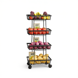 4-Tier Stackable Metal Vegetable <b>Storage</b> Rack With Wheels For <b>Kitchen</b> Organizer, Black Minimalist Design, Freestanding Fruit And - Product Image 1
