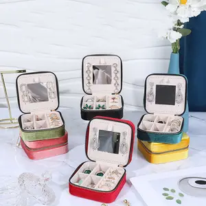 Luxury Colorful Soft Velvet Ring Earring Necklace Pendant Gift Jewelry Organizer Packaging Box Travel Bag With Mirror Wholesale