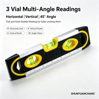 Niveau à bulle magnétique industriel à trois flacons, horizontal, vertical et 45 degrés, corps en ABS, règle graduée de 50 mm de largeur, OEM