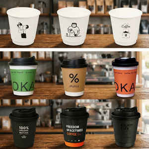 แก้วกาแฟแบบใช้แล้วทิ้งสองชั้นพร้อมฝาพลาสติก พิมพ์โลโก้ตามสั่ง สำหรับเครื่องดื่มร้อน  กระดาษคราฟท์ลายนูน  ขายส่ง - Product Image 1