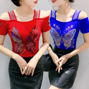 Camiseta de Fiesta para Mujer con Estampado de Mariposas, Pedrería, Hombros Descubiertos y Lentejuelas Brillantes, Top de Manga Corta para Discoteca - Product Image 5