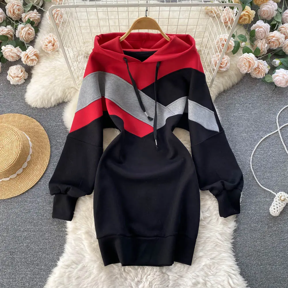 Gaun Hoodie Kombinasi Warna Tak Terdefinisi Wanita Musim Gugur/Musim Dingin Versi Korea Mode Rok Gaun Pantat Pelangsing Pinggang