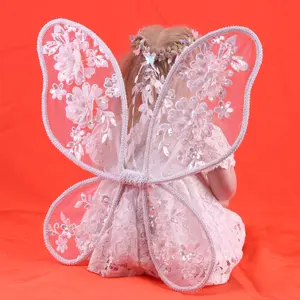 White Butterfly Fairy Wings Costume Kids Birthday Party Girl White Embroidered Flowers Lace Butterfly Wings