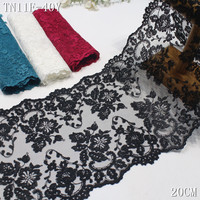 Kain Brokat Bordir Tul 24cm Hitam, Bordir Bunga Mewah, Renda Tul Bordir untuk Lingerie Wanita