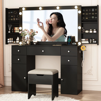 Ensemble de coiffeuse avec miroir éclairé, prise de charge et plateau en verre trempé pour chambre à coucher