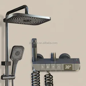 Set Shower Piano Tembaga Abu-abu Pistol Hitam 4 Fungsi Sistem Shower Kepala Shower Kamar Mandi dengan Suhu