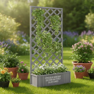 Jardinière en bois gris avec treillis, clôture rectangulaire, portail de jardin, style élégant, cadre peint - Product Image 2