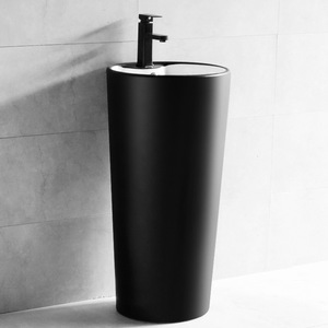 Black <b>Round</b> Ceramic Pedestal <b>Basin</b> Floor Standing Single Hole Smooth Finish Bathroom Sink - Product Image 1