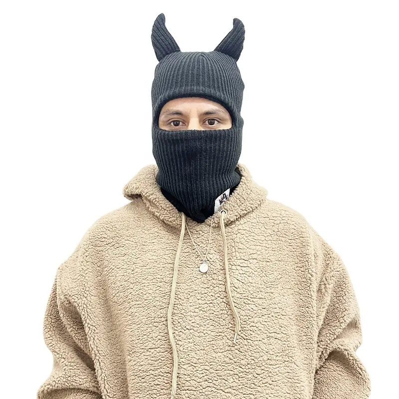 Horns Style Outdoor Multi-function One Hole Breathable Face Cover Mask Hood Winter Warm Knitted Motorcycle Ski Mask Balaclava