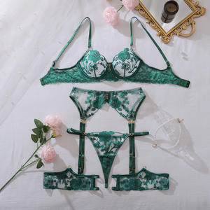 Chuangerm en Stock Lingerie Sexy Crystal Gem Broderie 3D Rose Push up Body Shaping <span class=keywords><strong>Soutien</strong></span>-<span class=keywords><strong>Gorge</strong></span> Culotte Jarretières Lingerie De Luxe - Product Image 5