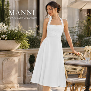 Robe midi blanche à col halter pour <span class=keywords><strong>femme</strong></span>, col carré, coupe évasée, élégante, pour invitées de mariage, fiançailles, cocktail, fabricants de vêtements asiatiques - Product Image 4