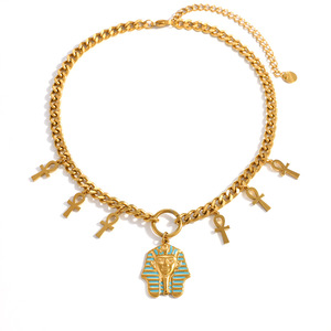 Collar chapado en oro de doble capa con busto de faraón y colgante Ankh, joyería de moda para viaje - Product Image 5