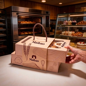 Caja <span class=keywords><strong>de</strong></span> Papel <span class=keywords><strong>para</strong></span> Panadería con Diseño Moderno, Cierre Integral a Presión, Ventana, Asa y Soporte, <span class=keywords><strong>para</strong></span> Croissants, Postres y Pasteles - Product Image 1