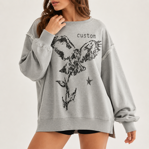 Sweat-shirt surdimensionné personnalisé pour <span class=keywords><strong>femme</strong></span>, col rond, bords bruts, imprimé vintage vieilli, logo personnalisé, streetwear américain, pull en maille - Product Image 2