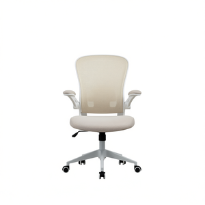 Chaise de bureau ergonomique moderne beige avec dossier en maille, accoudoirs réglables en hauteur, chaise de direction pour usage professionnel, base pivotante en plastique - Product Image 1