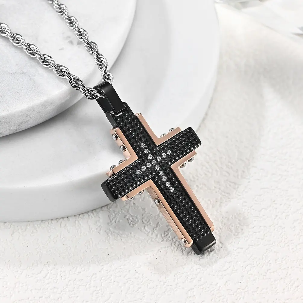 fashion men's cross necklace black and rose gold plated pendant jewelry
