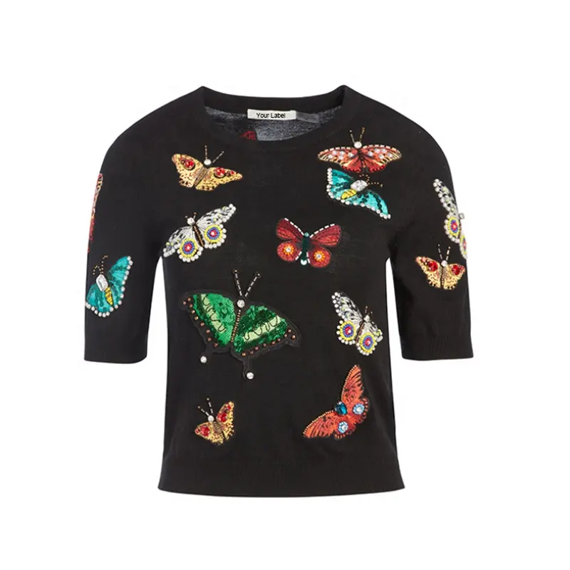 All Over Crystal Butterflies Patches Cotton Knitting Girls' Sweaters Kids