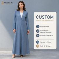 Abaya ouverte brodée, col en V, à un bouton, coupe trapèze, bleu poussière, sur mesure, OEM ODM, usine