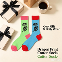 Chaussettes en coton mi-mollet personnalisées avec imprimé dragon chinois pour hommes et femmes, chaussettes décontractées bicolores, vente en gros