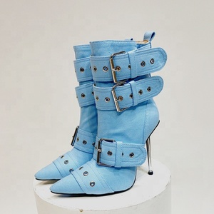 Trending Denim Belt Buckles Stiletto Women High Thin Heels Booties Fancy Retro Short Ankle Boots Punk Styles <b>Shoes</b> - Product Image 4