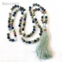 MN37203 Mala Japamala 108 perles nouées à la main en Jaspe Serpent et Lazuli, avec pompon en sauge, bijou de méditation, cadeau religieux bénit