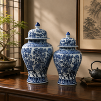 Pot décoratif en céramique bleu et blanc, motif floral, avec couvercle, pour table console, armoire, décoration de salon
