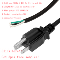 Câble d'alimentation 18AWG US NEMA 5-15P vers extrémité ouverte, câble de rallonge CA à 3 broches, fil PVC dénudé, câble de remplacement électrique
