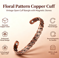 Vente en gros pur cuivre bijoux fleur bracelets personnalisé réglable magnétique bracelet santé cuivre manchette bracelets