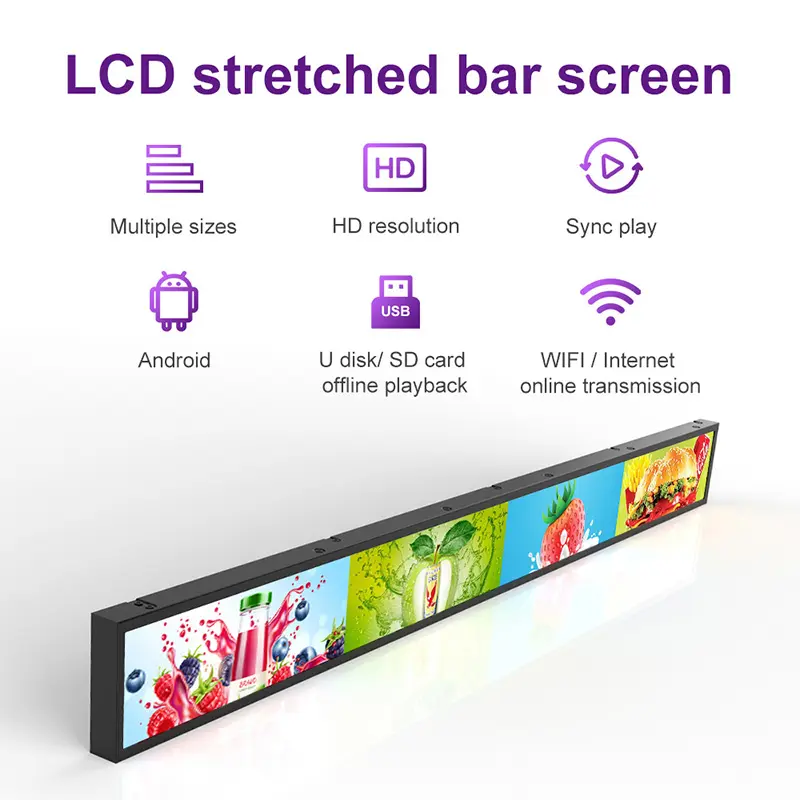 Özel boyut 23.1 35 46.6 inç gerilmiş bar tipi ev içi lcd perakende raf kenarı için reklam dijital tabela şerit ekran
