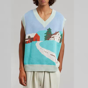 Suéter de <span class=keywords><strong>Hombre</strong></span> Personalizado con Logotipo, 100% Algodón, Tejido de Punto, Patrón Jacquard de Mohair, <span class=keywords><strong>Chaleco</strong></span> de Punto sin Mangas con Cuello Redondo - Product Image 1